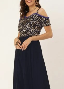 Teen Girls Navy Blue Embroidered Off Shoulder Gown Party Wear