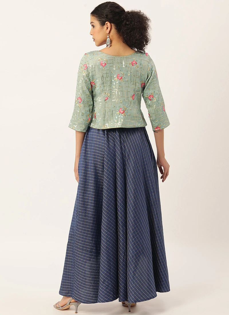 Teen Girls Navy Blue N Blue Chinon Jacket Style Skirt Set Festive Wear - Image 4