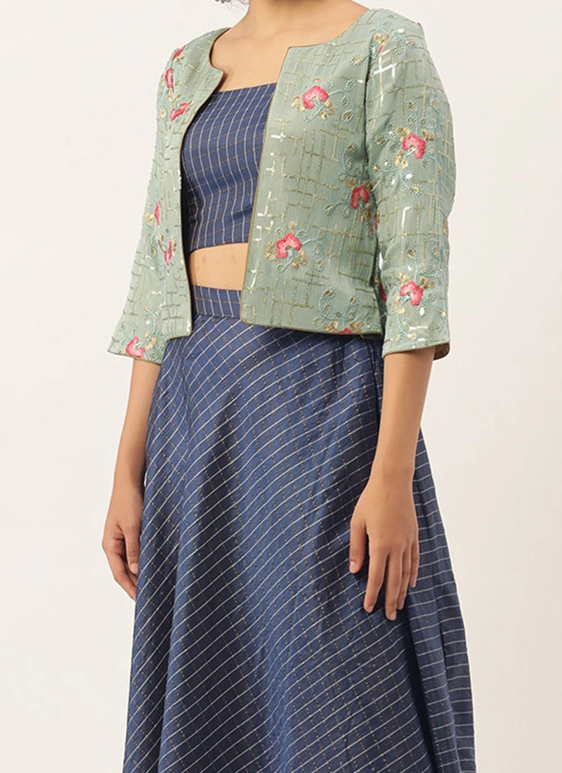 Teen Girls Navy Blue N Blue Chinon Jacket Style Skirt Set Festive Wear