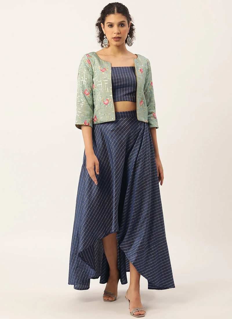 Teen Girls Navy Blue N Blue Chinon Jacket Style Skirt Set Festive Wear - Image 3