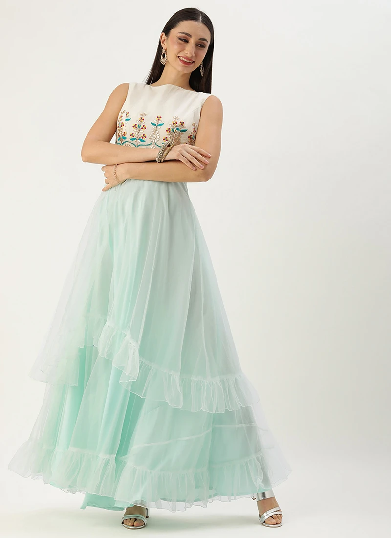 Teen Girls Off White Gota Patti Cotton Gowm Festive Wear - Image 3