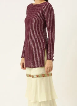 Teen Girls Off White N Marron Embroidered Layered Gharara Suit Festive Wear