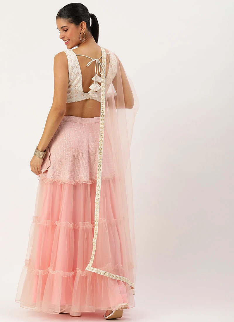Teen Girls Off White N Pink Art Silk Embroidered Lehenga Festive Wear - Image 4