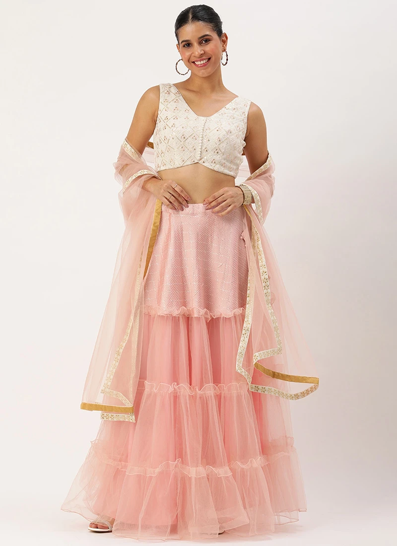 Teen Girls Off White N Pink Art Silk Embroidered Lehenga Festive Wear - Image 3