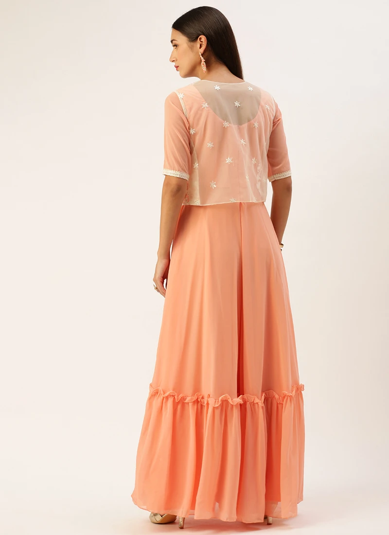 Teen Girls Off White Net Embroidered Jacket Style Festive Wear - Image 4