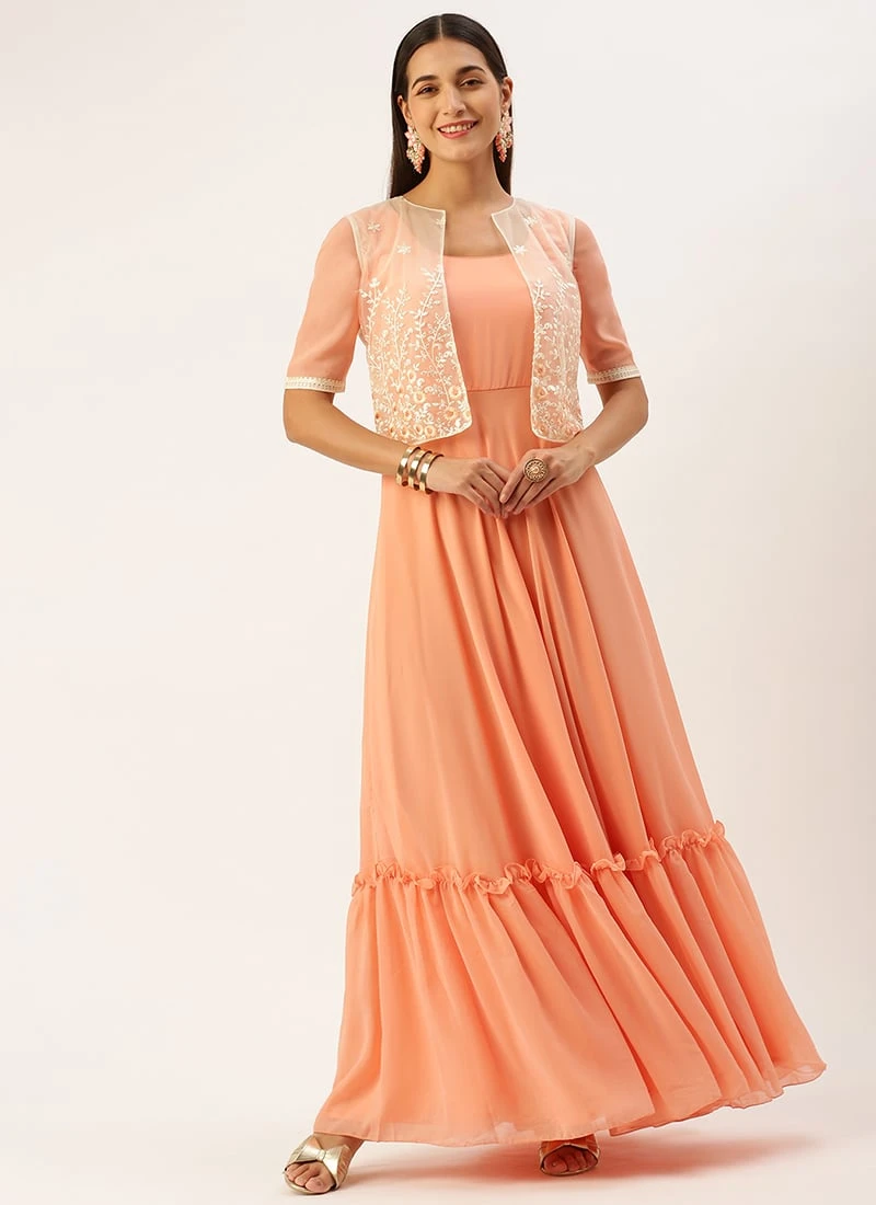 Teen Girls Off White Net Embroidered Jacket Style Festive Wear - Image 3