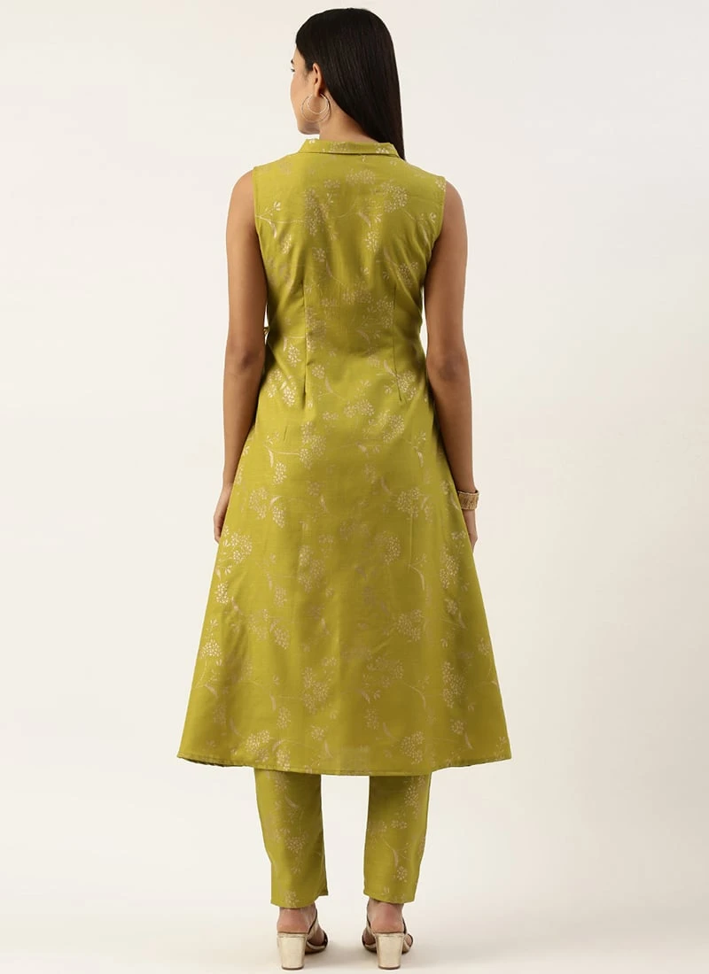 Teen Girls Teen Girl Olive Green Rayon Foil Print Kurta Set Work Wear - Image 4