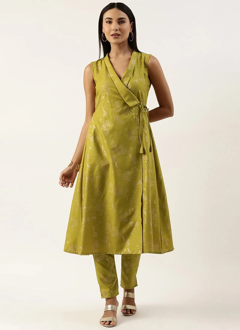 Teen Girls Teen Girl Olive Green Rayon Foil Print Kurta Set Work Wear - Image 3