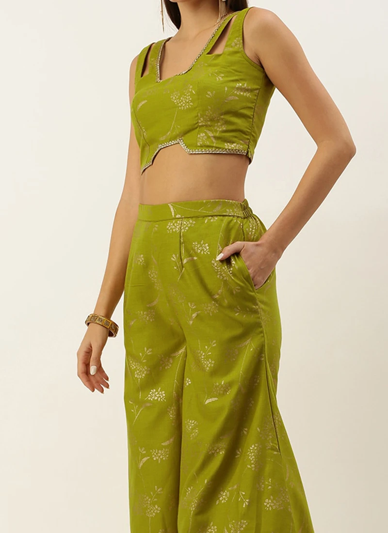 Teen Girls Olive Green Rayon Foil Printed Co Ord Set Festive Wear