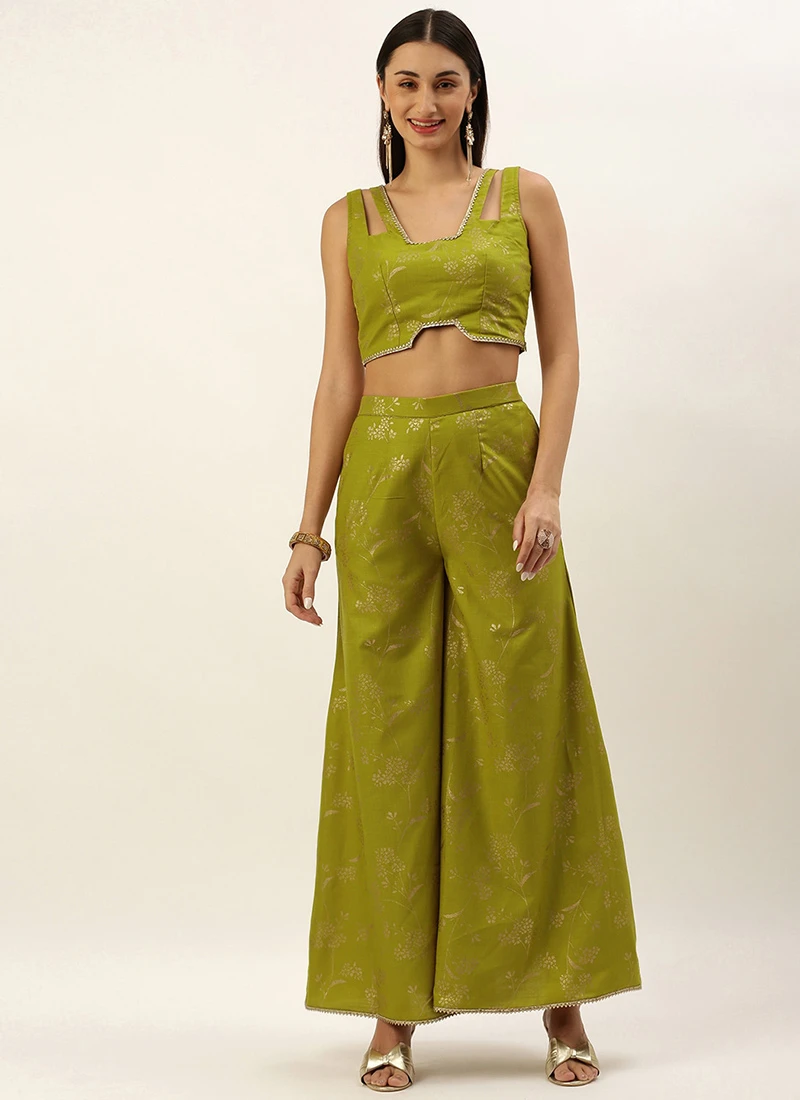 Teen Girls Olive Green Rayon Foil Printed Co Ord Set Festive Wear - Image 3