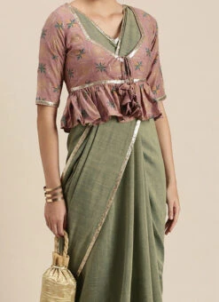 Teen Girls Olive Green Saree N Blouse With Pink Jacket Festive Wear