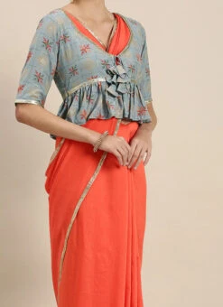 Teen Girls Orange Saree N Blouse With Blue Jacket Festive Wear