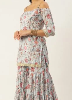 Teen Girls Pale Blue Lily Art Silk Printed Gharara Set Party Wear