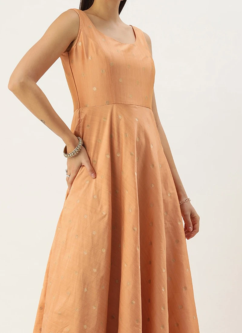 Teen Girls Peach Art Silk Jacquard Gown With Dupatta Festive Wear