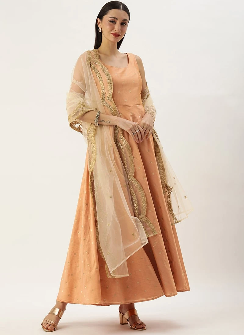Teen Girls Peach Art Silk Jacquard Gown With Dupatta Festive Wear - Image 3