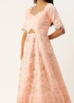 Teen Girls Peach Art Silk Sequins Embroidered Gown Festive Wear