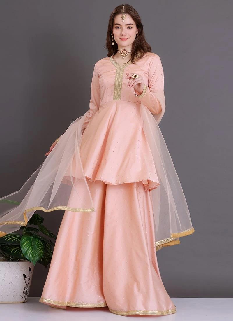 Teen Girls Peach Art Silk Sharara Set Festive Wear - Image 3