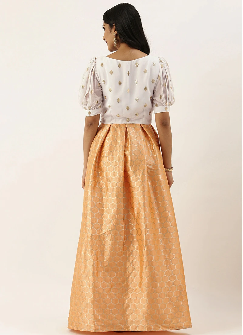 Teen Girls Peach Brocade Box Pleat Skirt N Crop Top Set Festive Wear - Image 4
