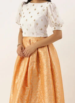 Teen Girls Peach Brocade Box Pleat Skirt N Crop Top Set Festive Wear