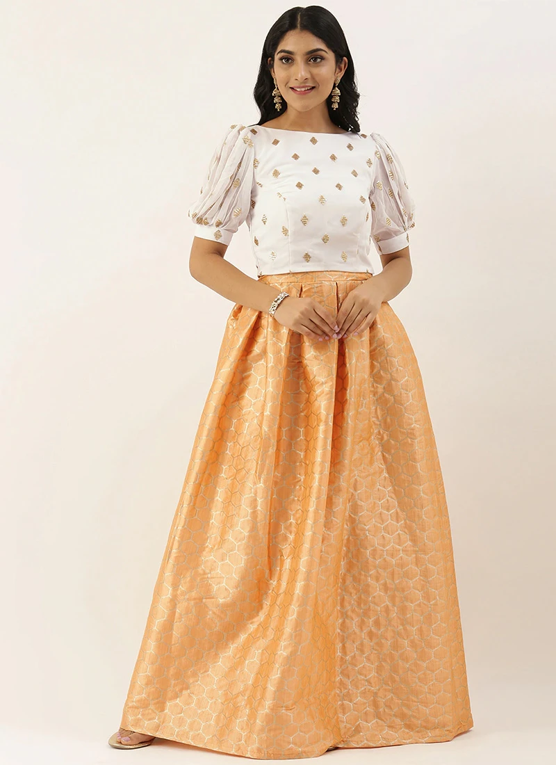 Teen Girls Peach Brocade Box Pleat Skirt N Crop Top Set Festive Wear - Image 3