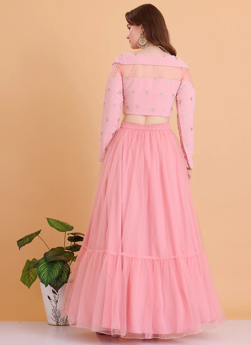 Teen Girls Peach Embroidered Georgette Lehenga Set Festive Wear - Image 4