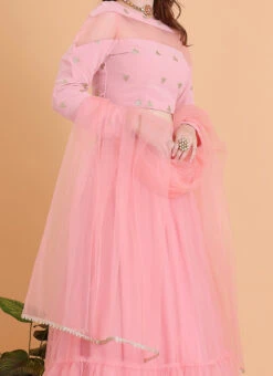 Teen Girls Peach Embroidered Georgette Lehenga Set Festive Wear