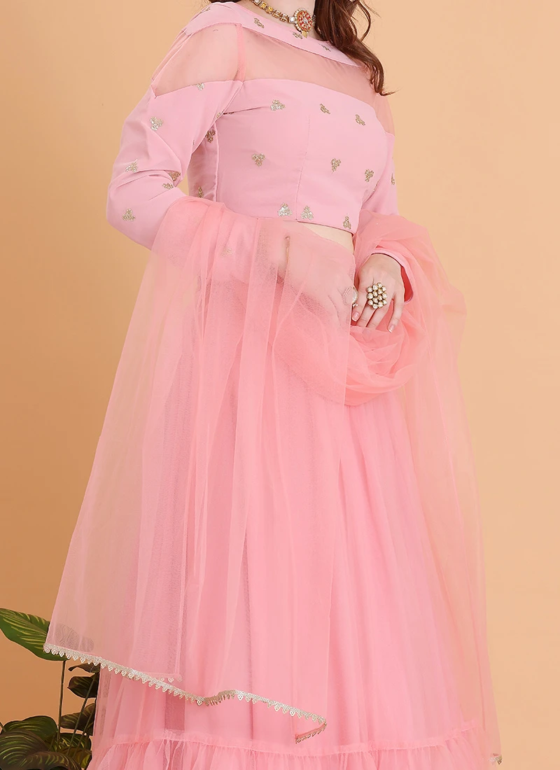 Teen Girls Peach Embroidered Georgette Lehenga Set Festive Wear