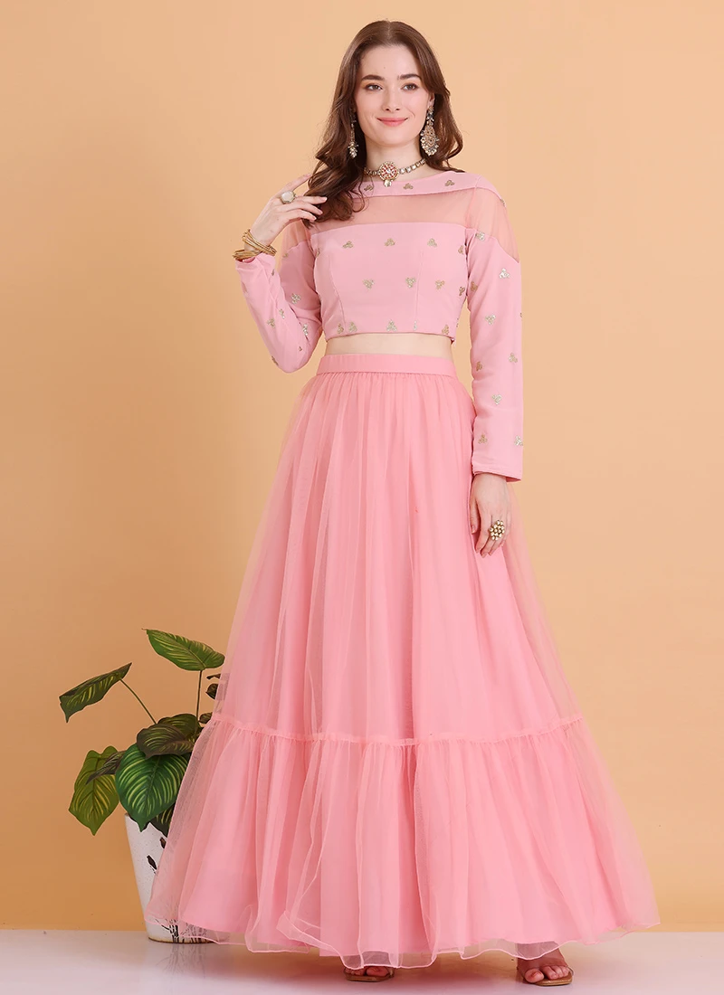 Teen Girls Peach Embroidered Georgette Lehenga Set Festive Wear - Image 3
