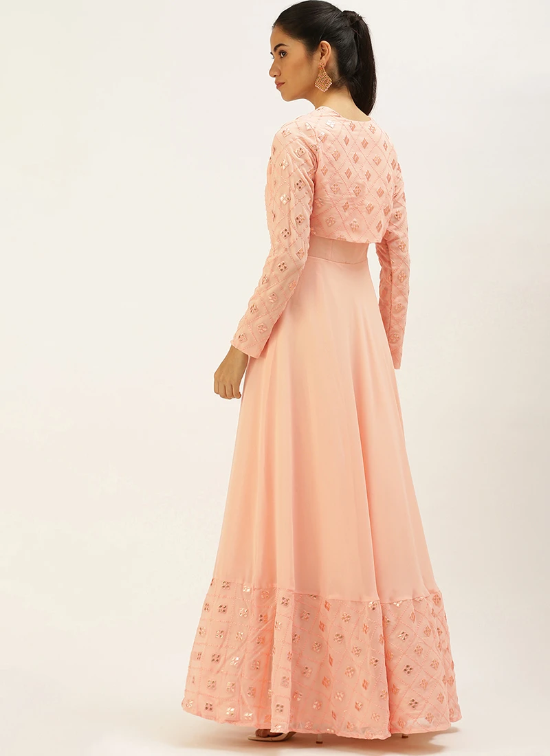 Teen Girls Peach Embroidered Gown With Jacket Party Wear - Image 4