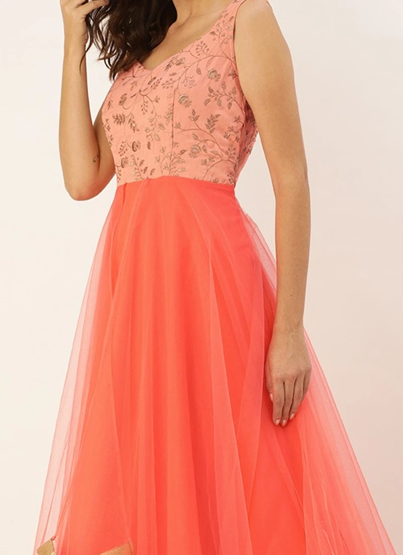 Teen Girls Peach Embroidered Layered Style Gown Wedding Wear