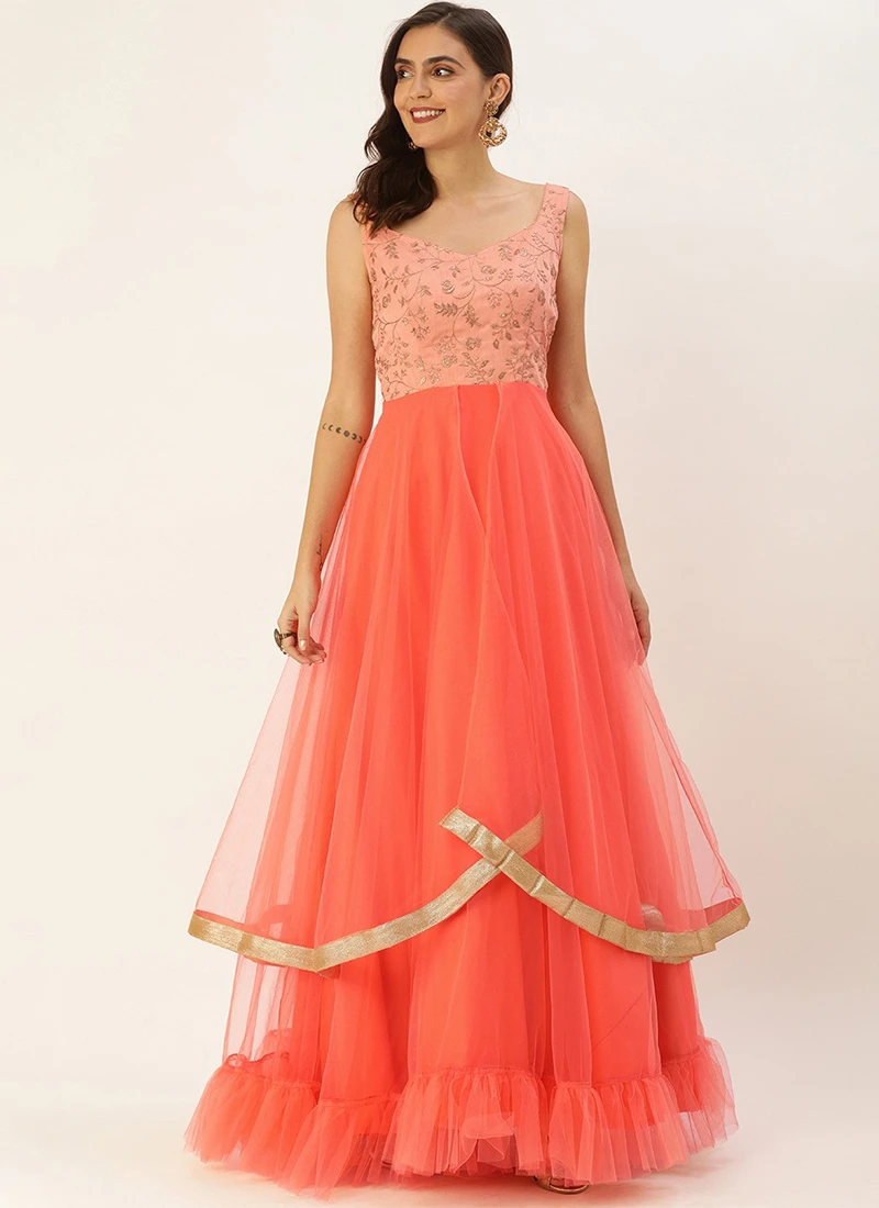 Teen Girls Peach Embroidered Layered Style Gown Wedding Wear - Image 3