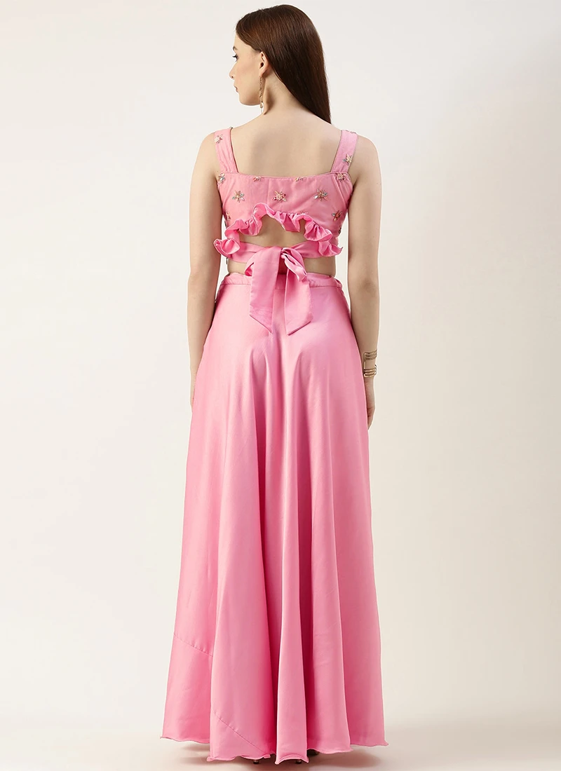 Teen Girls Peach Embroidered N Pink Satin Skirt Set Festive Wear - Image 4