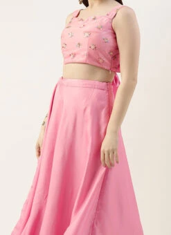 Teen Girls Peach Embroidered N Pink Satin Skirt Set Festive Wear