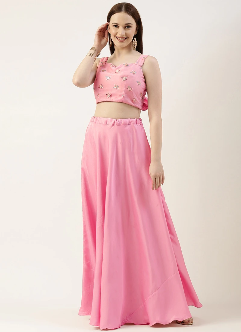 Teen Girls Peach Embroidered N Pink Satin Skirt Set Festive Wear - Image 3