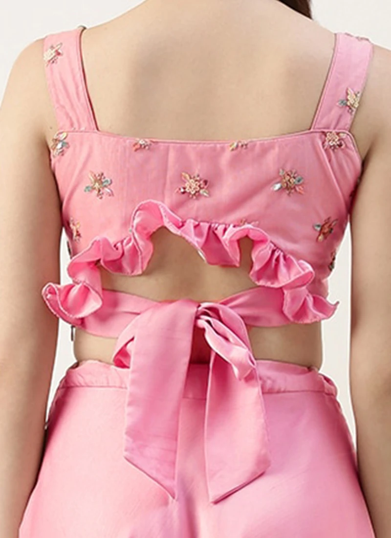 Teen Girls Peach Embroidered N Pink Satin Skirt Set Festive Wear - Image 6