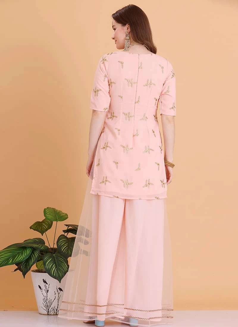 Teen Girls Peach Embroidered Palazzo Suit Festive Wear - Image 4
