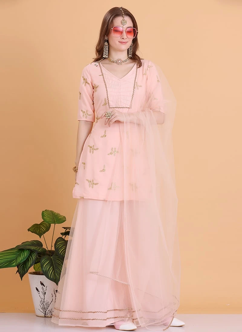 Teen Girls Peach Embroidered Palazzo Suit Festive Wear - Image 3