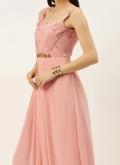 Teen Girls Peach Georgette Embroidered Dress Festive Wear