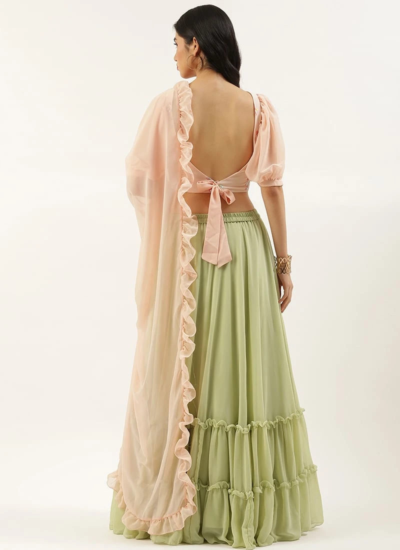 Teen Girls Peach Georgette Embroidered N Sequins Green Lehenga Festive Wear - Image 4