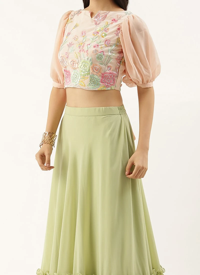 Teen Girls Peach Georgette Embroidered N Sequins Green Lehenga Festive Wear