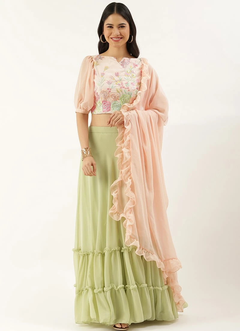 Teen Girls Peach Georgette Embroidered N Sequins Green Lehenga Festive Wear - Image 3
