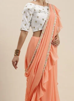 Teen Girls Peach Georgette Saree N White Embroidered Blouse Festive Wear