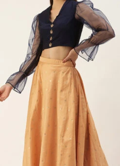 Teen Girls Peach Jacquard N Navy Blue Art Silk Skirt Set Festive Wear