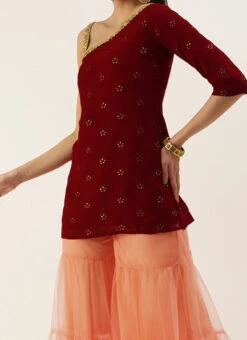 Teen Girls Peach N Maroon Georgette Embroidered Palazzo Suit Festive Wear