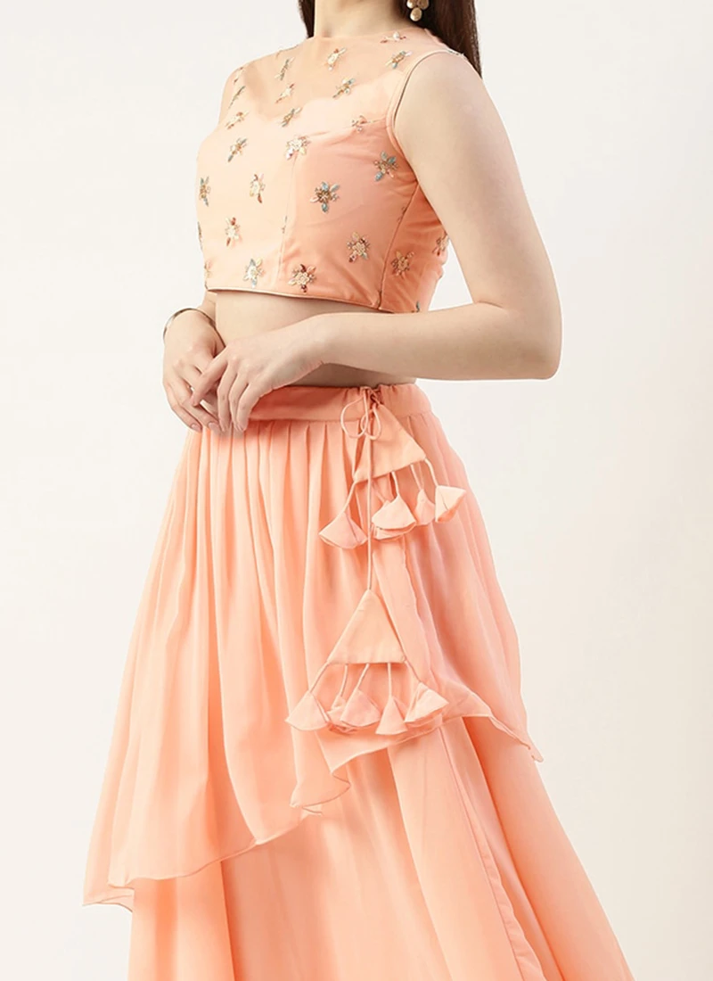 Teen Girls Peach N White Net Embroidered Lehenga Festive Wear