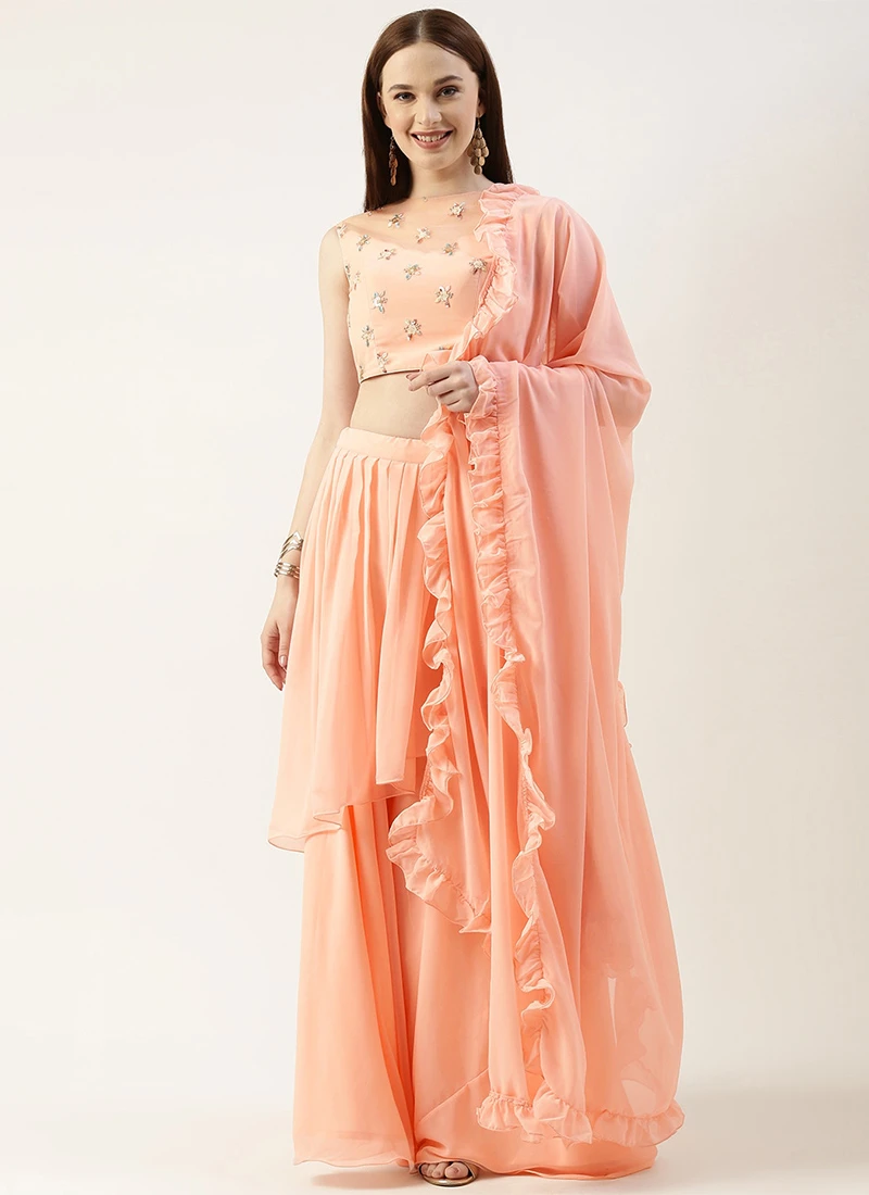 Teen Girls Peach N White Net Embroidered Lehenga Festive Wear - Image 3