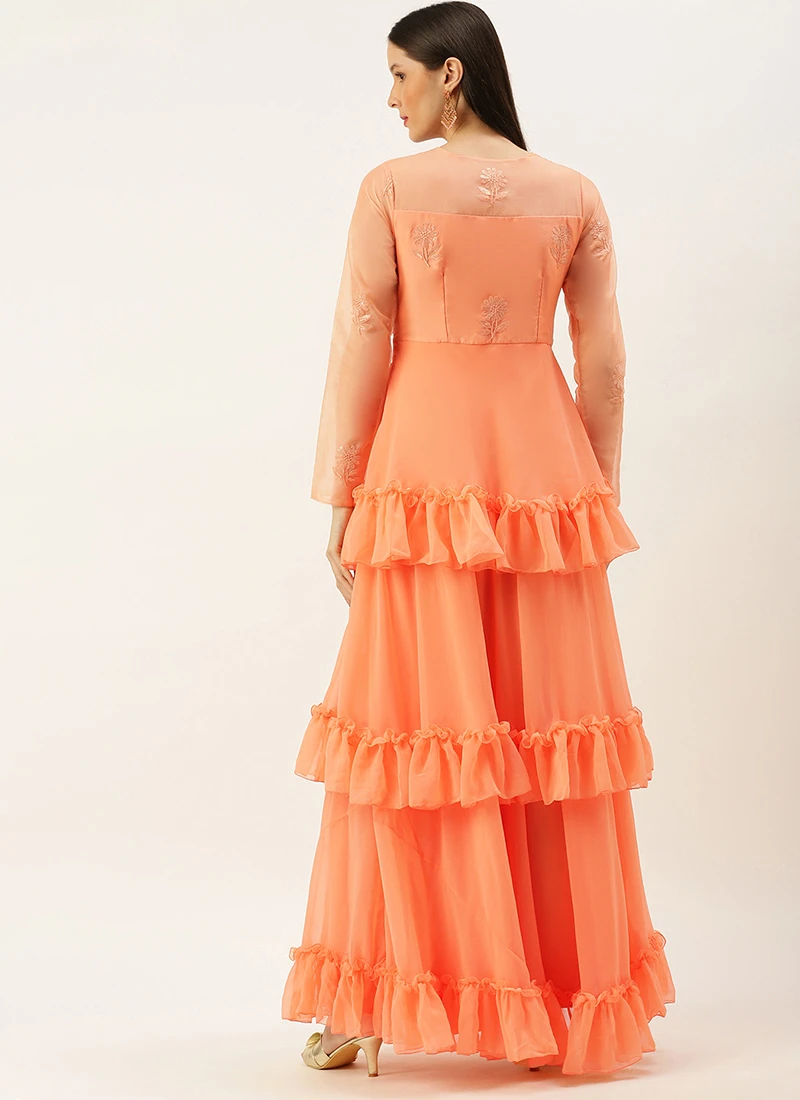 Teen Girls Peach Organza Embroidered Layered Gown Party Wear - Image 4