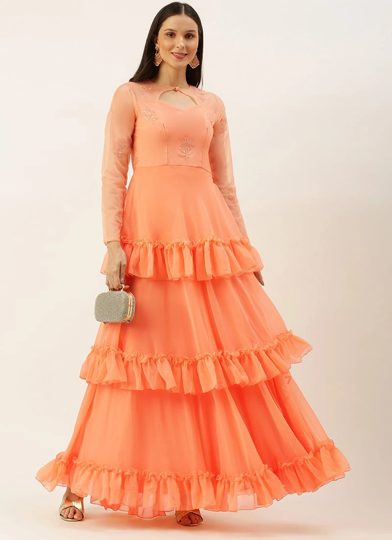 Teen Girls Peach Organza Embroidered Layered Gown Party Wear - Image 3