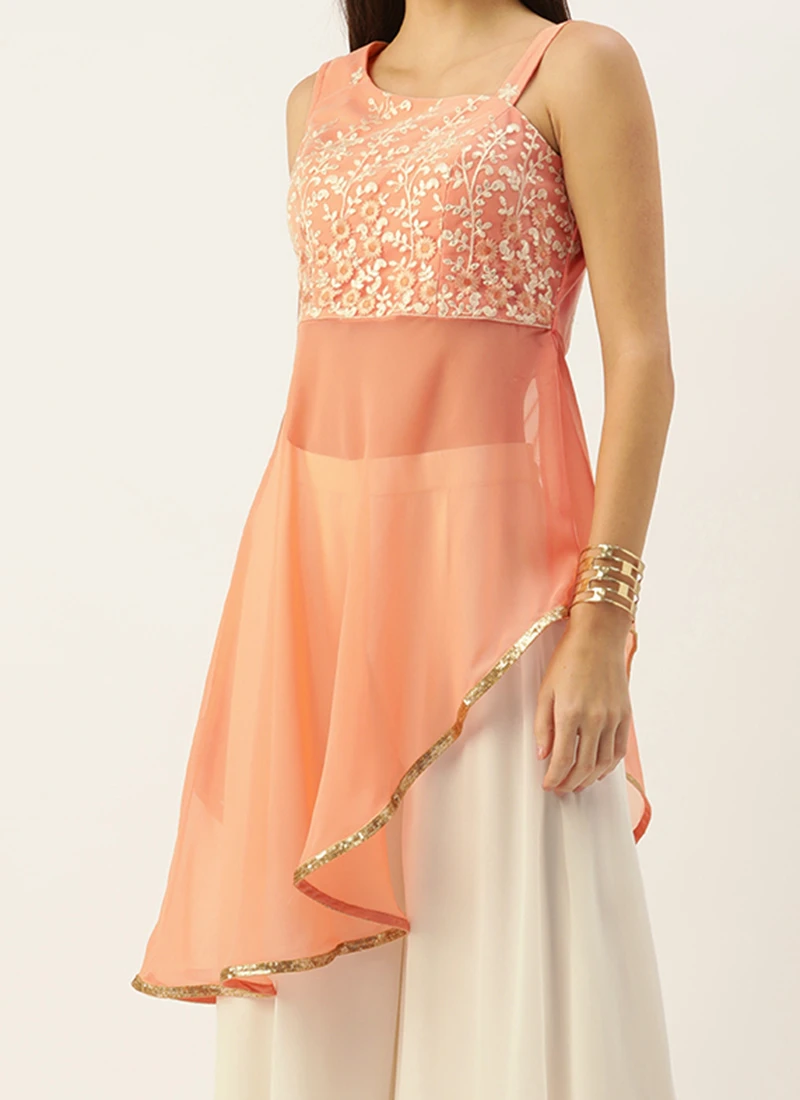 Teen Girls Peach And White One Shoulder Style Palazzo Set Party Wear