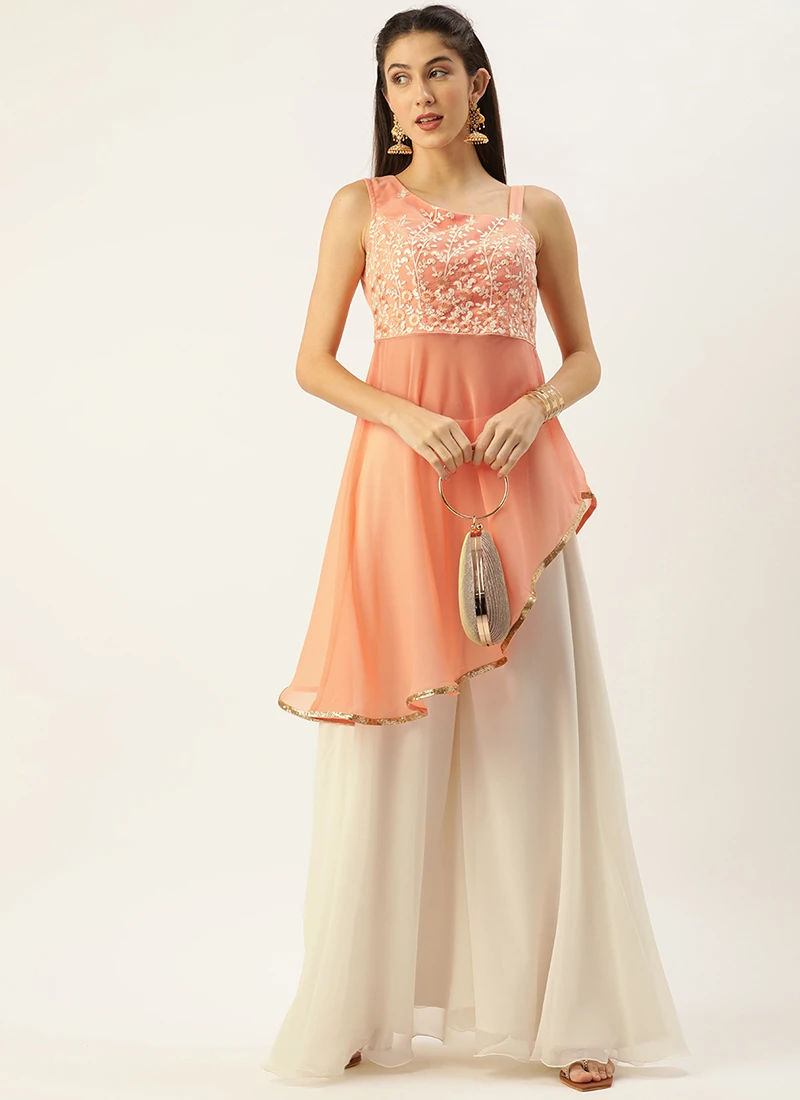 Teen Girls Peach And White One Shoulder Style Palazzo Set Party Wear - Image 3